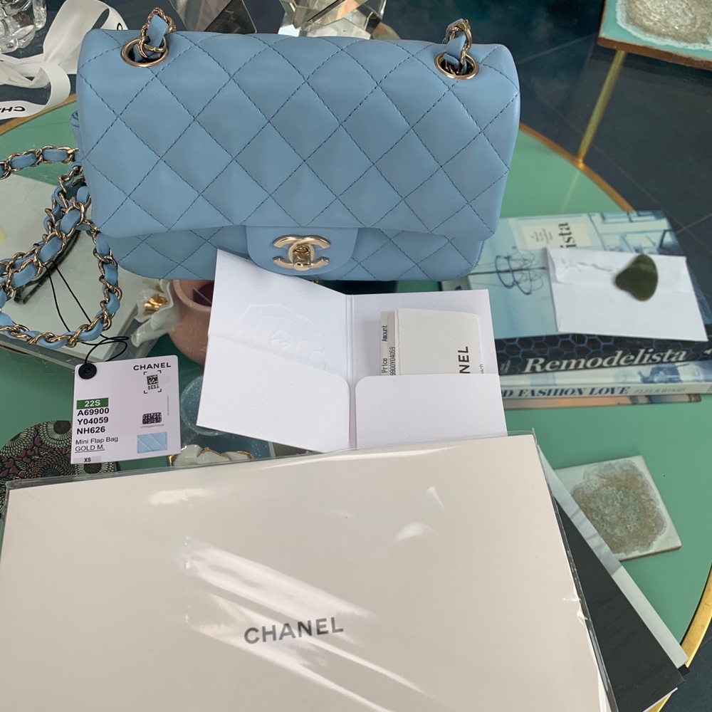 22S CHANEL  Blue Classic Mini Flap Bag Lambskin Rectangular 2022 GHW NWT - Picture 12 of 15